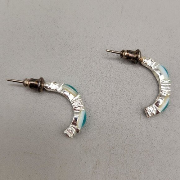Turquoise Color Silver Tone Half Hoop Earrings With Stud Back - Picture 5 of 7